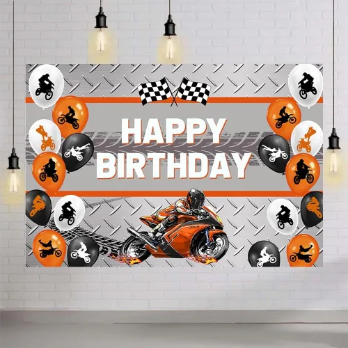 Vista 4 de MEHOFOND Telón de fondo naranja de 7 x 5 pies para motocicleta, globo de carreras de motocross, decoración de fiesta de cumpleaños, deportes
