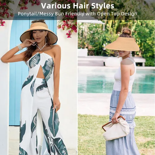 Vista 5 de Sombrero de paja con protección UV, visera de playa, sombrero de ala ancha, estampado de leopardo, enrollable, plegable para mujer