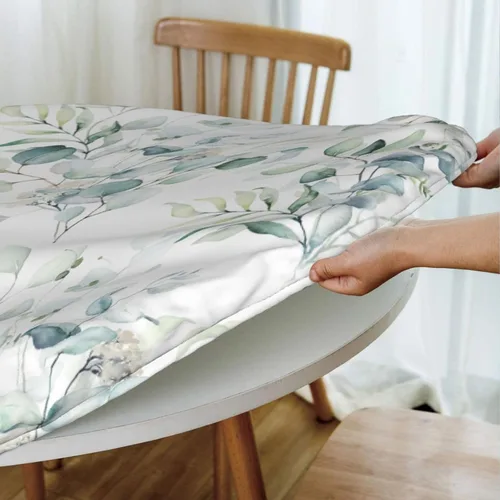 Vista 4 de Mantel elástico redondo con borde de hojas verdes salvia, ajustable para mesa de 45 a 50 pulgadas de diámetro