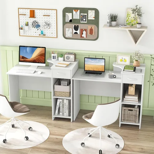 Vista 9 de Giantex Escritorio para computadora con almacenamiento, moderna mesa para computadora portátil con estante ajustable de 5 posiciones, cajón