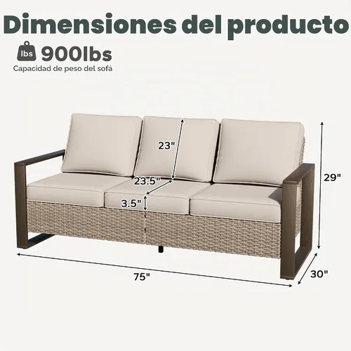 Vista 2 de Joyside - Sofá de mimbre para patio al aire libre, sofá de ratán de 3 plazas con cojines gruesos de olefina y reposabrazos rectangular con marco