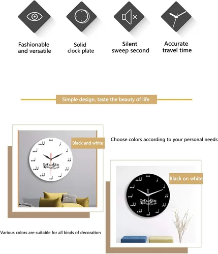 Vista 2 de Reloj de pared creativo con nota musical, reloj silencioso en blanco y negro, decorativo, para niños, adultos, estudiantes, habitación, hogar