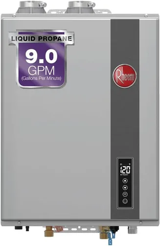 Vista 9 de Rheem - Calentador de agua de propano líquido sin tanque y con condensación, para interiores, hasta 6.8 GPM, 120,000 BTUs de agua caliente super