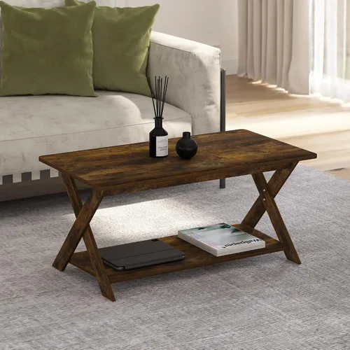 Vista 2 de Furinno – Mesa de café moderna y simplista, mesa de café rectangular moderna con patas en X, mesa auxiliar entrelazada, para sala de estar, Pino