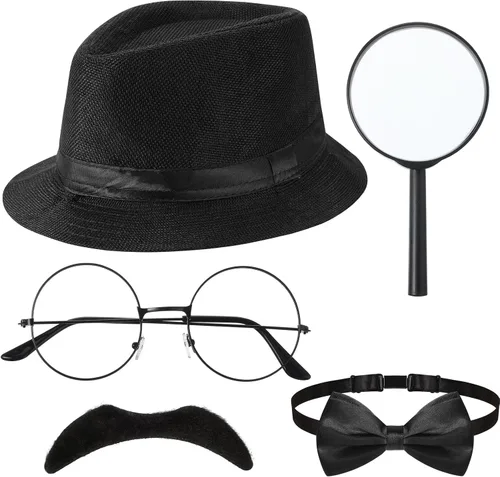 Vista 9 de Kasyat 6 piezas de accesorios de disfraz de detective para adulto, sombrero de detective para hombre, disfraz de inspector para disfraz de Halloween
