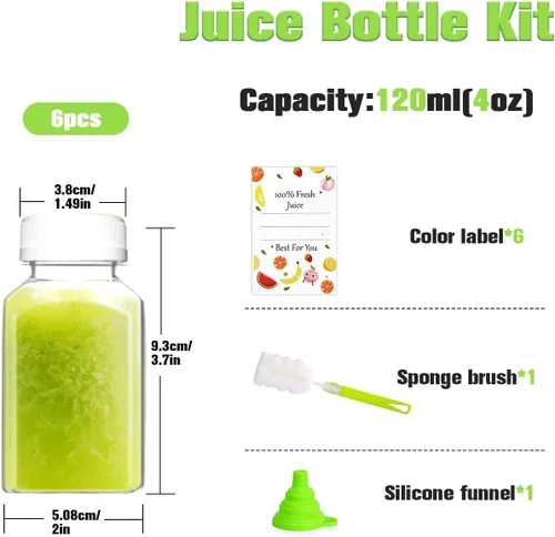 Vista 3 de Botellas de jugo de plástico, recipientes reutilizables para jugo con tapas blancas a prueba de manipulaciones, cepillo, embudo y etiquetas