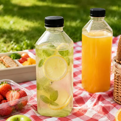 Vista 6 de Cedilis Paquete de 10 botellas de plástico para jugo de 33 onzas con tapa negra, recipientes transparentes reutilizables con tapas, grandes botellas