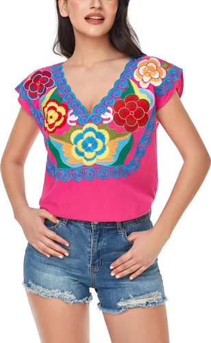 Vista 5 de YZXDORWJ Blusa campesina mexicana para mujer, tops de algodón, camisa blanca