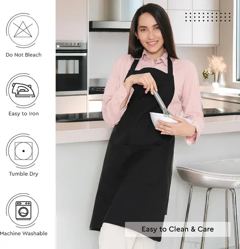 Vista 6 de Encasa XO Delantal de algodón ajustable con bolsillos y toallero de tamaño 27 x 33 pulgadas (negro completo) para hombres y mujeres, chefs