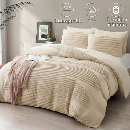 Vista 2 de BEDAZZLED - Funda de edredón tamaño Queen, color beige, 5 piezas, microfibra Textured Duvet Cover Sets, Soft and Breathable, Boho Tufted Bedding