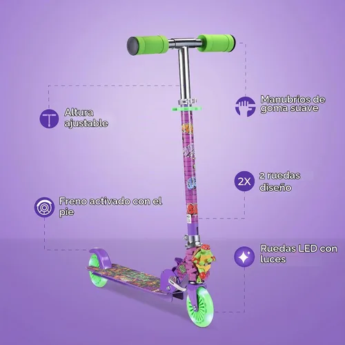 Vista 2 de Monopatín de 2 ruedas con ruedas que se iluminan – Plegable, plataforma antideslizante, cómodo y suave para andar TMNT