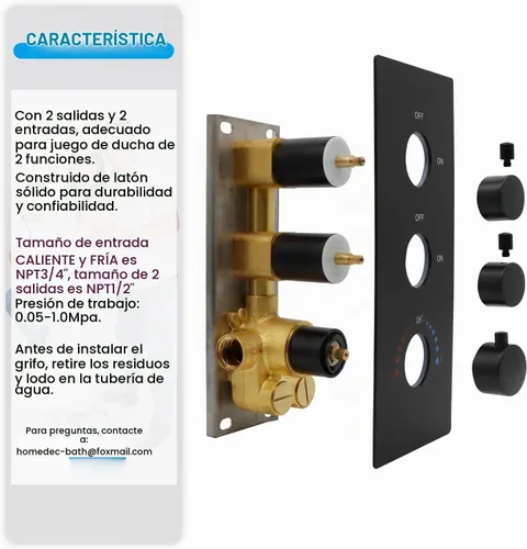 Vista 7 de HOMEDEC Válvula desviadora de ducha de 2 vías de latón de doble función, kit de válvula de mezcla de ducha termostática de 3 manijas, entrada de 3/4