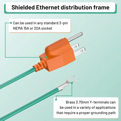 Vista 2 de Cable de extensión de conexión Ethernet blindado de 10 pies/9.8 ft, para enchufe NEMA 5-15P de 3 puntas, cable de tierra de seguridad
