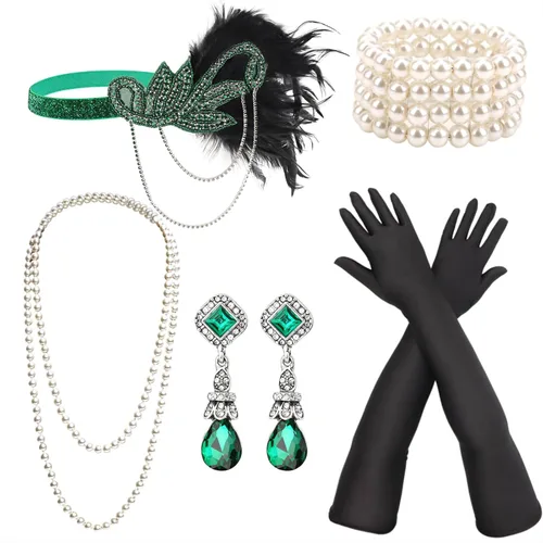 Vista 25 de DRESHOW Juego de accesorios del Gran Gatsby de los años 20 para mujer, accesorios de disfraz de flapper, diadema de plumas, juego de accesorios de 1
