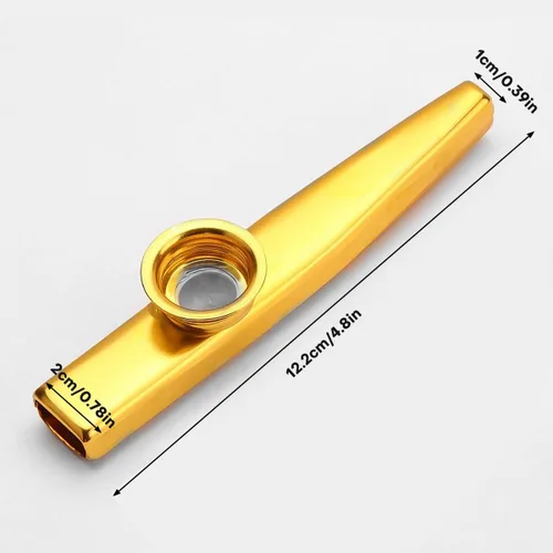 Vista 4 de Metal Kazoo instrumento musical, mirlitón pequeño y profesional con cinco repuestos de membranas para niños, regalo de Navidad, Dorado