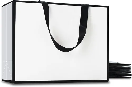 Vista 35 de Bolsas de regalo negras con asas, 10 bolsas de papel kraft de 5.25 x 3.75 x 8 pulgadas para bodas, fiestas, negocios, venta al por menor Negro