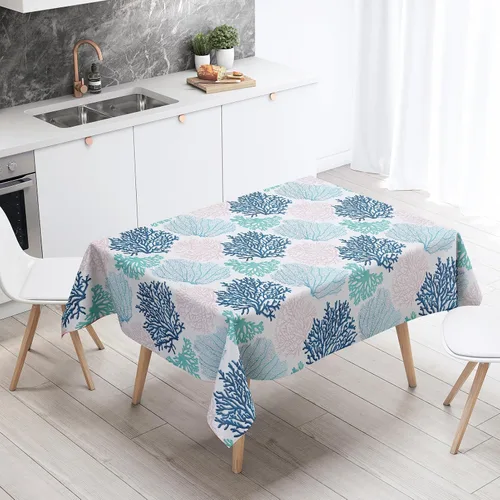 Vista 4 de Mantel rectangular náutico costero con estampado de coral, diseño de playa, decorativo impermeable para comedor al aire libre, cocina, sala