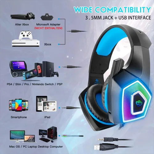 Vista 4 de Auriculares para juegos con micrófono para Xbox One PS4 PS5 PC Switch Tablet Smartphone, auriculares estéreo sobre la oreja graves 0.138in