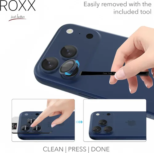Vista 2 de ROXX - Protector de cámara japonés 9H Azul profundo Para iPhone 17 Pro y 17 Pro Max Más duro Más claro Resistente a los arañazos Ajuste