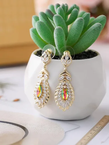 Vista 7 de Colgante ovalado de cristal, collares y pendientes, conjuntos de joyas para mujer chapado en oro