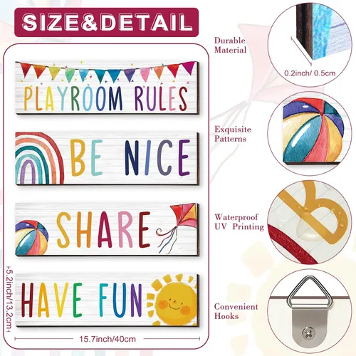 Vista 2 de 4 piezas de madera para sala de juegos para niños, decoración de pared con texto en inglés «Be Nice Share Have Fun», placa de pared colorida