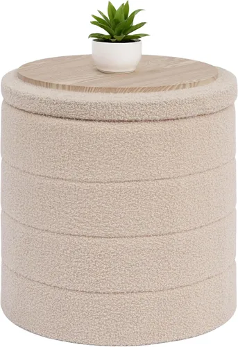 Vista 16 de B FSOBEIIALEO Otomana con Almacenamiento, Taburete Otomano de Almacenamiento Redondo Sherpa, Reposapiés Boucle 14.6"x14.6"x17.7" (Beige)