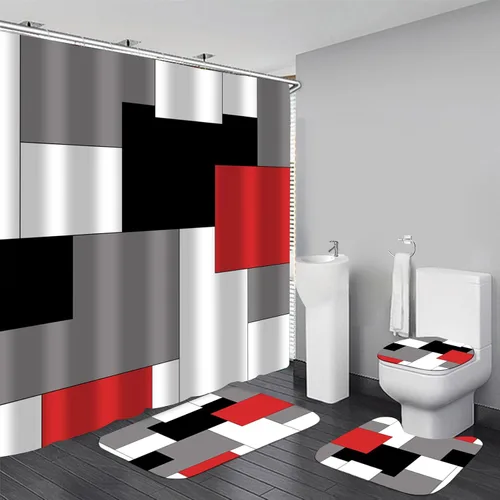Vista 10 de Yizheer - Juego de cortina de ducha de 4 piezas con diseño geométrico y de color azul, moderno, para el baño, con 12 ganchos, tapete para la bañera