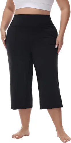 Vista 2 de Rosemmetti Pantalones capri de yoga para mujer, talla grande, con control de abdomen, acampanados, pantalones de entrenamiento con bolsillos