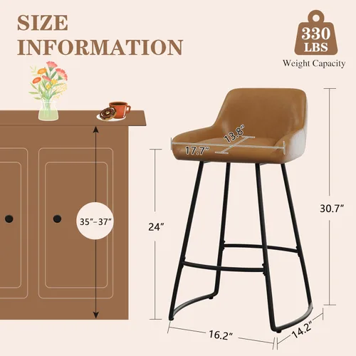 Vista 2 de Alunaune Juego de 2 taburetes de bar de 24 pulgadas, de piel sintética de mediados de siglo, sillas de bar modernas para comedor con patas traseras