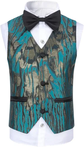 Vista 4 de SWOTGdoby Traje de esmoquin para niños, vestido formal de jacquard de 3 piezas, blazer y chaleco