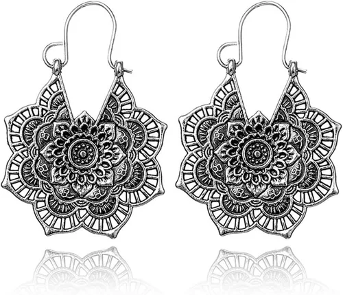 Vista 2 de DOUBNINE Pendientes gitanos étnicos de flores antiguas cuelgan pendientes retro estilo vintage boda nupcial joyería bohemia (plata), Zinc, No es una