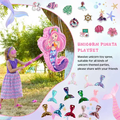 Vista 6 de Wettarn 90 piezas de recuerdos de fiesta de sirena, incluye paquete de piñatas de 16 x 12 x 3 pulgadas, pulseras de horquilla para niños, niñas