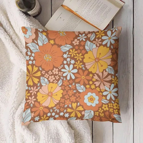 Vista 4 de Juego de 2 fundas de almohada florales retro de los años 70, Groovy Funky Hippie Flor Naranja Estética Boho Fundas de Almohada de 16 x 16 pulgadas