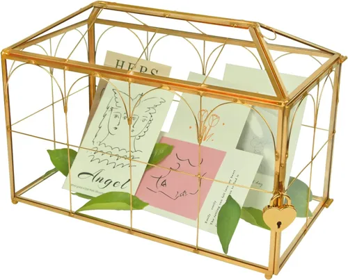 Vista 12 de YIMORENCE V Tarjetero de cristal dorado – Caja de sobres de boda con forma rectangular con ranura y pie, perfecto para recepción y centro de mesa