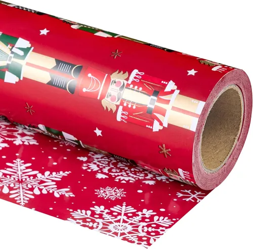 Vista 18 de WRAPAHOLIC - Papel de regalo de Navidad reversible, minirollo, 17 pulgadas x 33 pies, diseño de árbol de Navidad con letras “joy”, perfecto