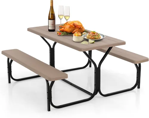 Vista 12 de GYMAX Mesa de Picnic, Banco de Picnic Fácil de Montar con Tablero de Grano de Madera Resistente a Cualquier Clima y Marco de Metal, Mesas de Picnic
