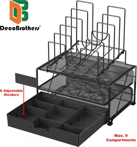 Vista 2 de Deco Brothers - Organizador de archivos de escritorio con doble bandeja y soporte para 5 carpetas Cajón deslizante con divisores ajustables, negro