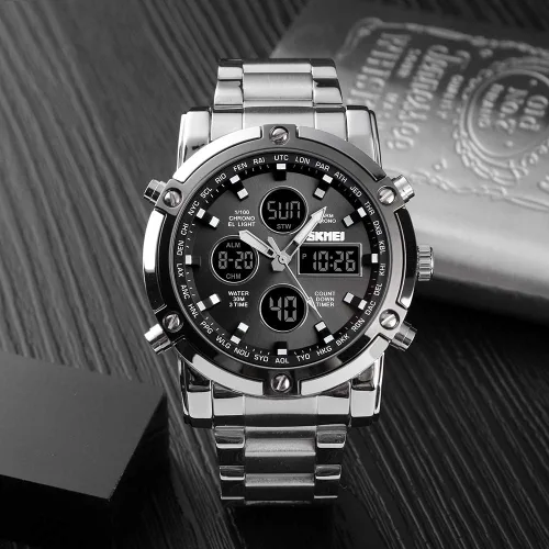 Vista 6 de SKMEI Mens Wrist Watch, Waterproof Military Analog Digital Watches with LED Multi Time Chronograph, Stainless Steel Business Watches for Men
