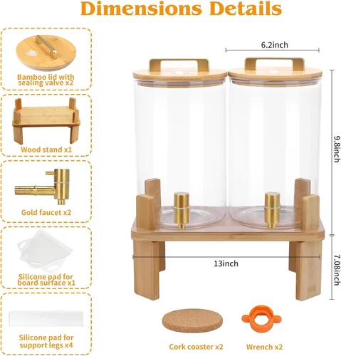 Vista 2 de Dispensador de bebidas de vidrio de 1 galón, 2 unidades, dispensadores de bebidas para fiestas, dispensador de limonada con válvula hermética
