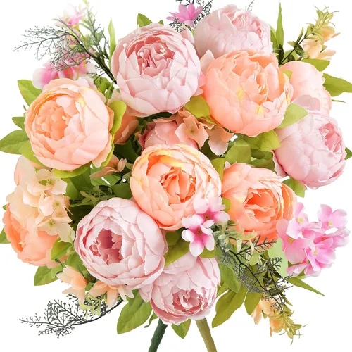 Vista 11 de Ramo de peonías artificiales – Juego de 2 tallos de flores de seda sintética – Ramos listos para el estilo para bodas, decoración del hogar, eventos