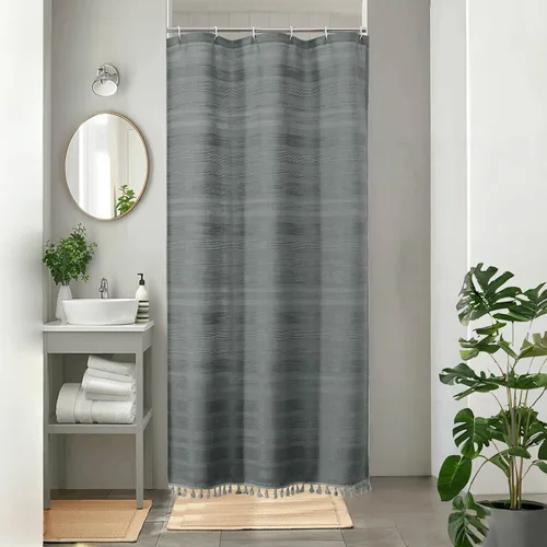 Vista 16 de OVZME Cortina de ducha bohemia negra, cortina de ducha estrecha de tela suave a rayas de lino texturizado con borla, moderna decoración de baño