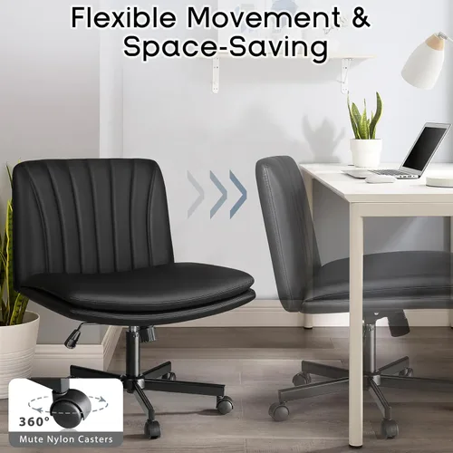 Vista 4 de Silla de oficina moderna negra entrecruzada, cómoda silla de escritorio con patas cruzadas con ruedas, silla de tocador de maquillaje sin brazos