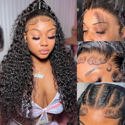 Vista 10 de Pelucas de cabello humano ondulado con encaje frontal 360 con correa oculta, nudos blanqueados, sin pegamento, previamente despuntadas, precortadas