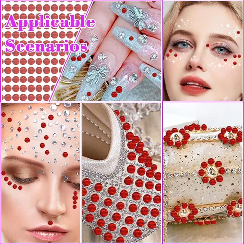 Vista 5 de 1799 piezas 4 hojas de pegatinas de diamantes de imitación 3/4/5/6 mm autoadhesivas para maquillaje de cara, ojos, cabello y cuerpo (Rojo-3/4/5/6mm)