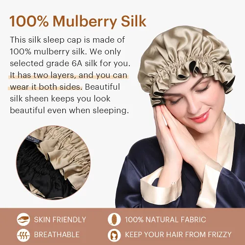 Vista 5 de LilySilk Gorra con forro de seda pura para mujer, doble capa, cintas ajustables, gorra de seda natural de lujo para dormir café + negro