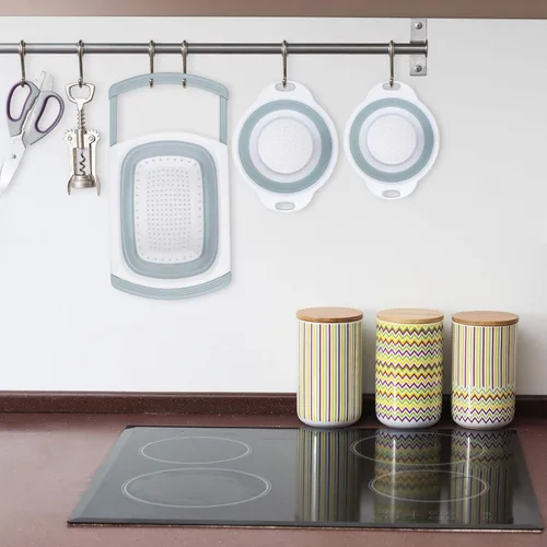 Vista 6 de Colador plegable, colador de cocina, colador plegable con asas extensibles para drenar verduras, pasta, frutas, incluye 6, colador plegable de 4