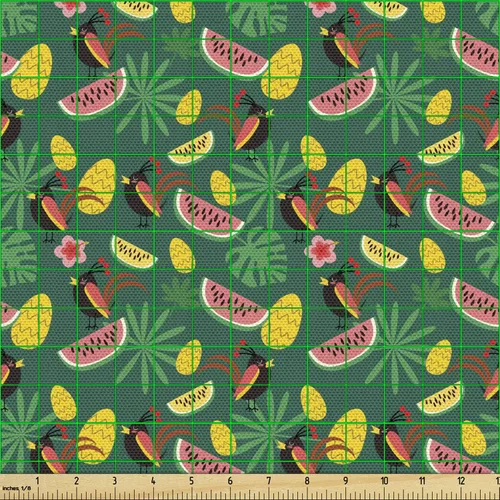 Vista 2 de Ambesonne Tela tropical de The Yard, impresión continua de aves exóticas crestadas Monstera sandía piña, tela decorativa para tapicería y detalles