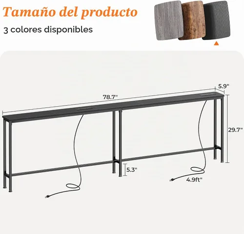 Vista 3 de SUPERJARE - Mesa de sofá de 79 pulgadas con 2 tomas de corriente y puertos USB-C, mesa consola estrecha de 5.9 pulgadas con almacenamiento, mesa