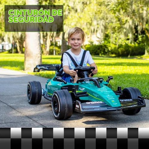 Vista 3 de Dynacraft Aston Martin Aramco Fórmula 1 Team Race Car de 12 V para edades de 3 a 8 años, con control remoto