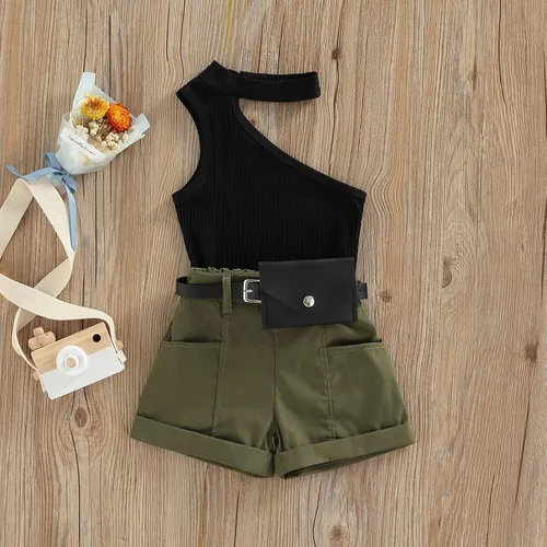 Vista 2 de Adobabirl Conjunto de ropa de verano para niña pequeña, sin mangas, acanalada, top halter y pantalones cortos, ropa de moda para niños con cinturón